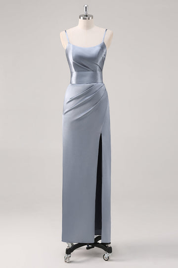 Ruché gris bleu spaghetti bretelles gaine robe de demoiselle d’honneur avec fente